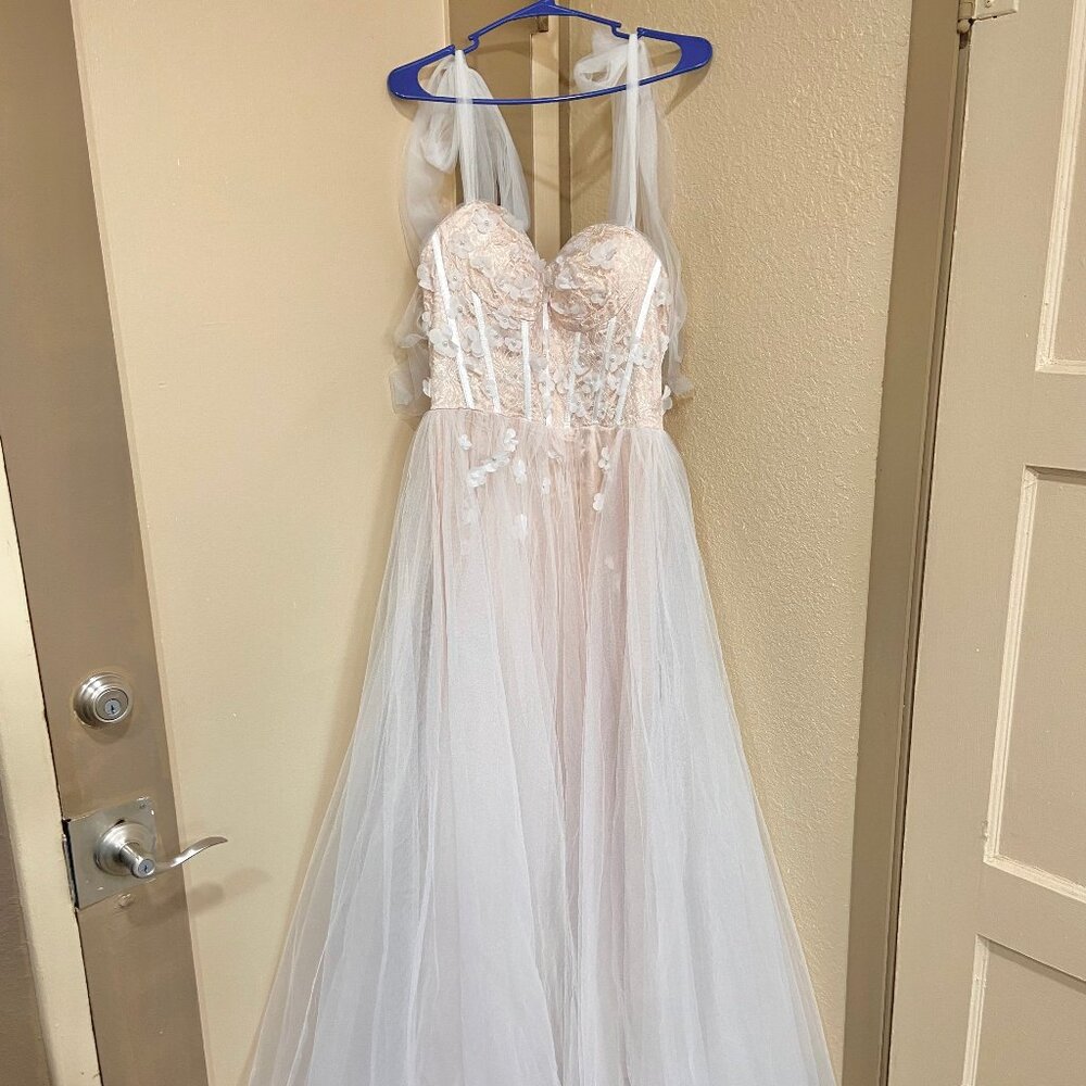 White & Cream Lace Corset Top A-Line Body Dress with Flower and Pearl Details